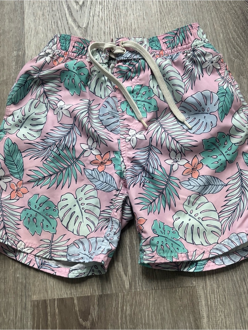 Quince Boys Pink Tropical Leaf Swim Trunks size 7